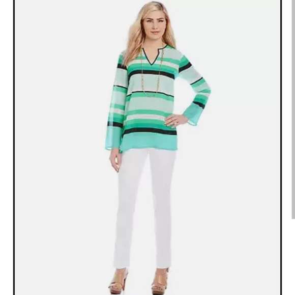 Michael Kors Semi Sheer Green, White And Black Striped Tunic Blouse. Size Small - Picture 2 of 13